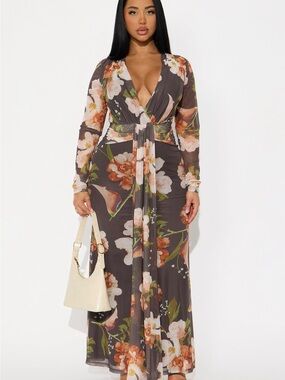 Fashion Nova Floral Wrap Maxi Dress in Brown and Peach
